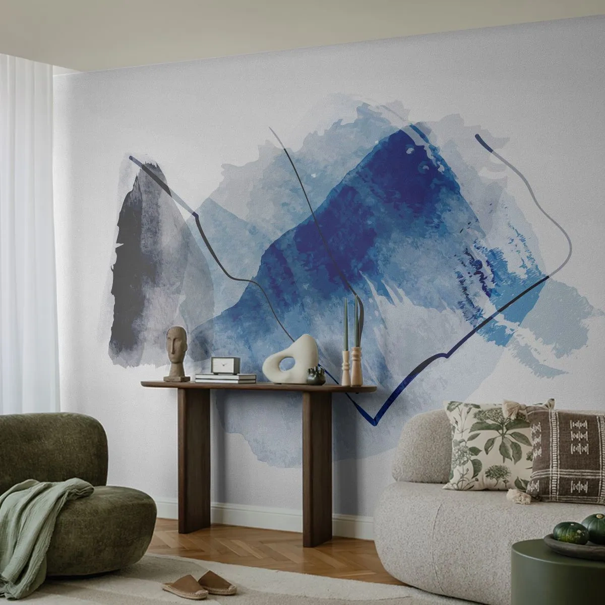 Papier Peint Photo Premium Sand - Taches bleu marine avec des lignes noires sur fond clair - 100x70cm - Montagne de glace - Décoration murale moderne pour le salon et la chambre ARTTOR