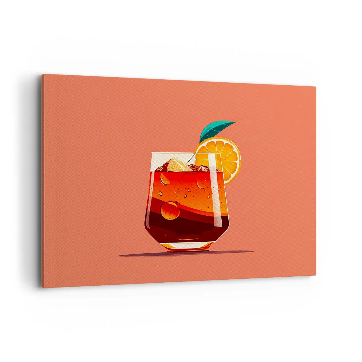 Impression sur toile - Image sur toile - Un verre de boisson et une tranche d'orange sur un fond orange - 100x70cm - Rafraîchissement d'été - Décoration murale moderne pour le salon et la chambre ARTTOR