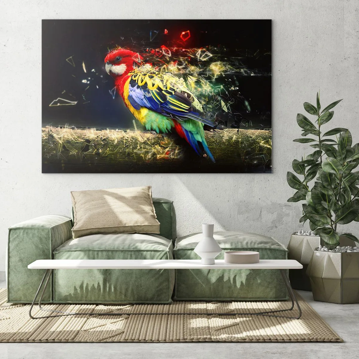 Impression sur verre - Image sur verre - Un perroquet coloré dans une composition artistique avec un effet éclatant - 70x50cm - Messager d'éclat - Décoration murale moderne pour le salon et la chambre ARTTOR
