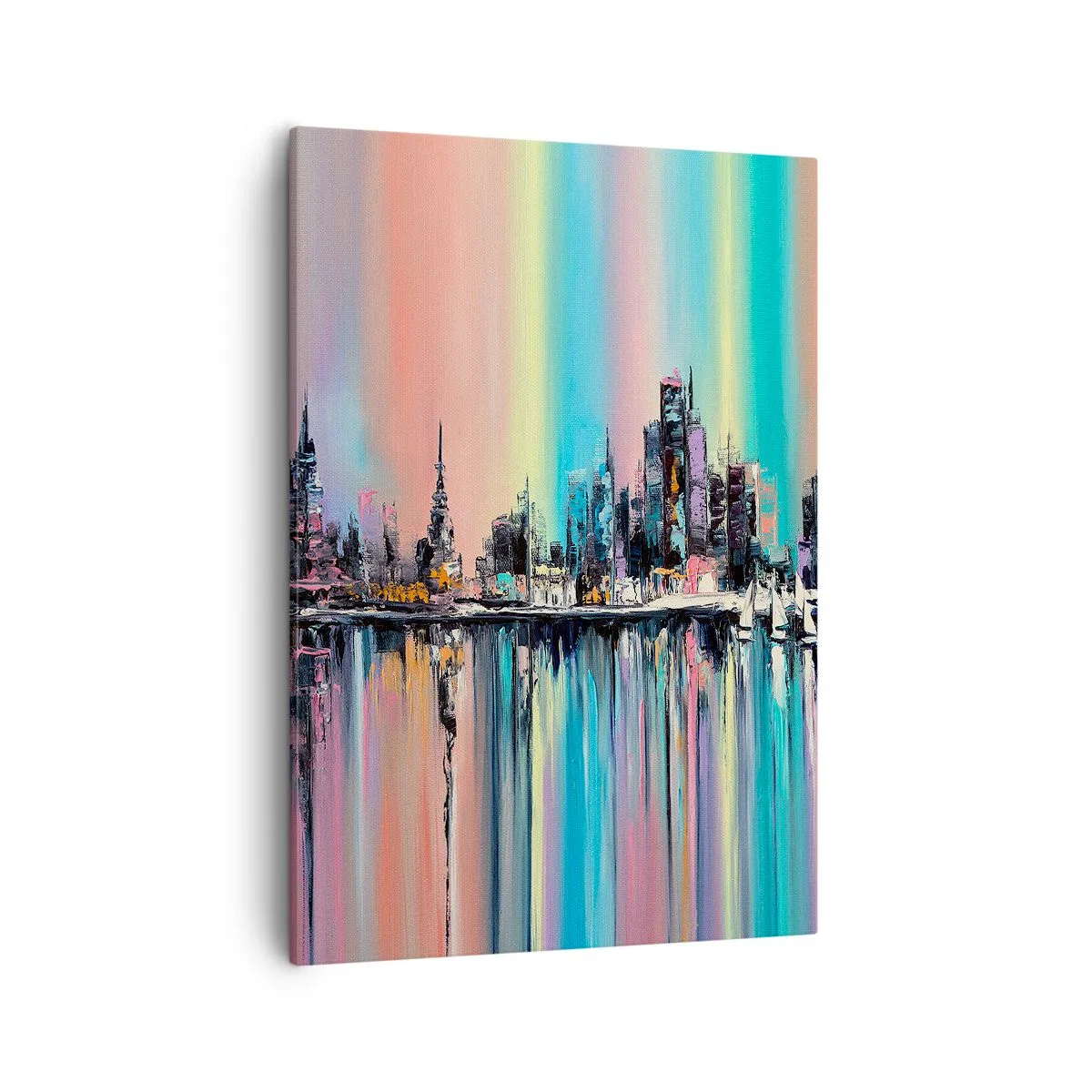 Impression sur toile - Image sur toile - Paysage urbain coloré avec reflet sur l'eau - 50x70cm - Noyé par la lumière de la nuit - Décoration murale moderne pour le salon et la chambre ARTTOR