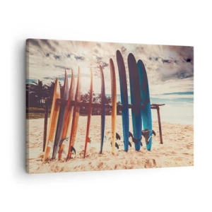 Impression sur toile - Image sur toile - Planches de surf sur la plage au coucher du soleil - 70x50cm - Bonne nuit, à demain - Décoration murale moderne pour le salon et la chambre ARTTOR