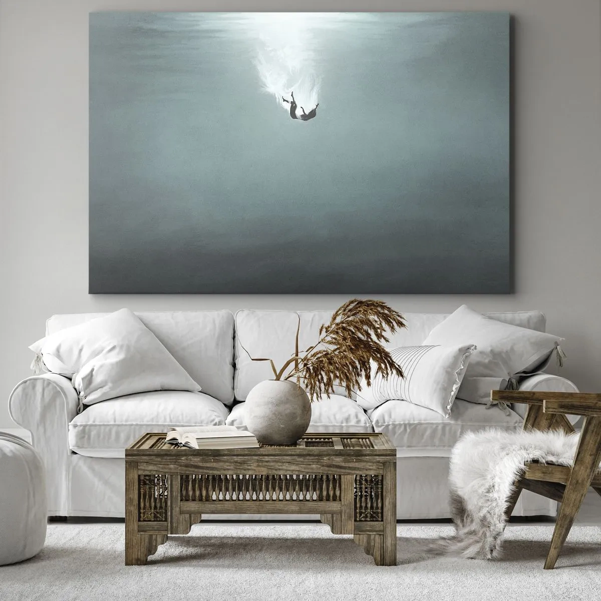 Impression sur toile - Image sur toile - Une silhouette immergée dans une eau turquoise profonde - 120x80cm - Dans les bras de l'océan - Décoration murale moderne pour le salon et la chambre ARTTOR