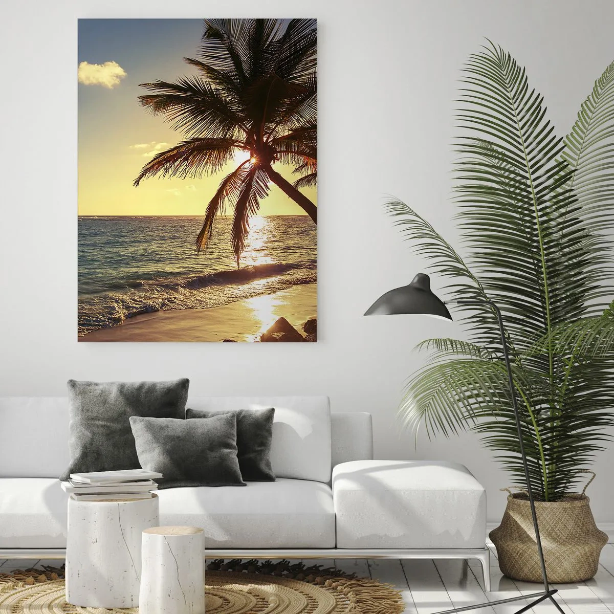 Impression sur verre - Image sur verre - Coucher de soleil tropical sur une plage avec des palmiers - 70x100cm - L'été sous les palmiers - Décoration murale moderne pour le salon et la chambre ARTTOR