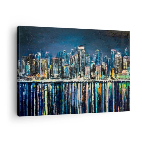 Impression sur toile - Image sur toile - Panorama de la ville nocturne reflétée dans l'eau - 70x50cm - Cascade de lumières - Décoration murale moderne pour le salon et la chambre ARTTOR