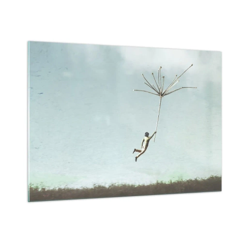 Impression sur verre - Image sur verre - Un garçon volant avec une graine de pissenlit au-dessus d'une prairie - 100x70cm - Cerfs-volants, pissenlits, vent - Décoration murale moderne pour le salon et la chambre ARTTOR