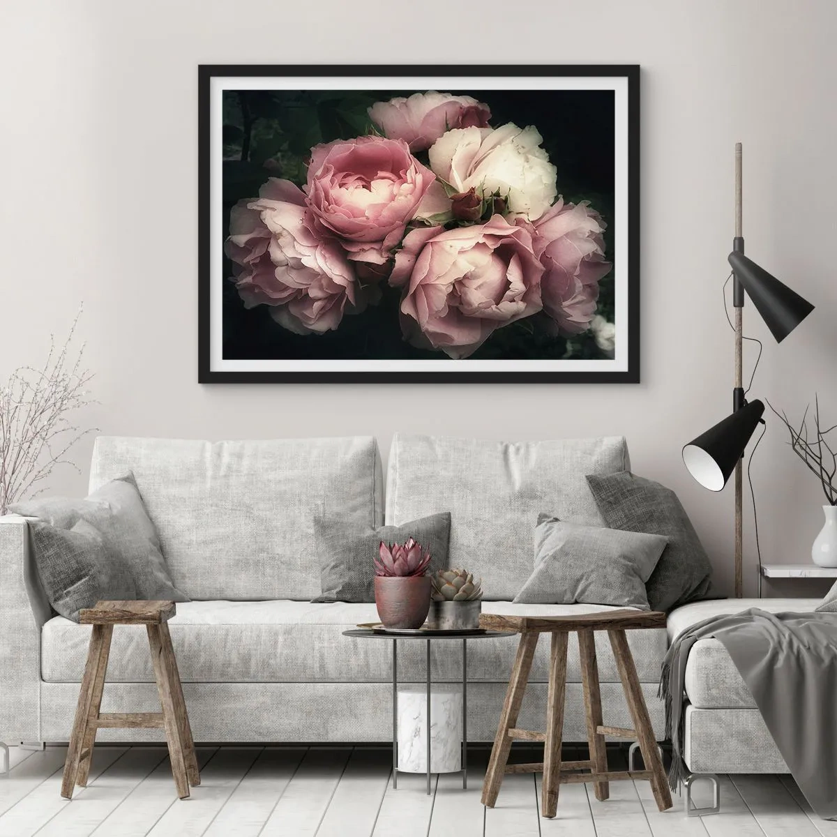 Affiche dans un cadre noir - Poster - Un bouquet de roses aux tons délicats de rose et de blanc - 100x70cm - Le charme de la belle époque - Décoration murale moderne pour le salon et la chambre ARTTOR