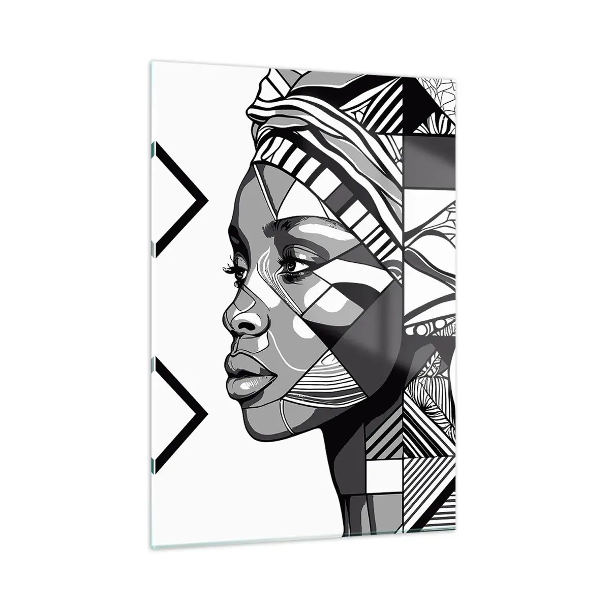 Impression sur verre - Image sur verre - Portrait ethnique noir et blanc d'une femme aux motifs géométriques - 50x70cm - Portrait ethnique - Décoration murale moderne pour le salon et la chambre ARTTOR
