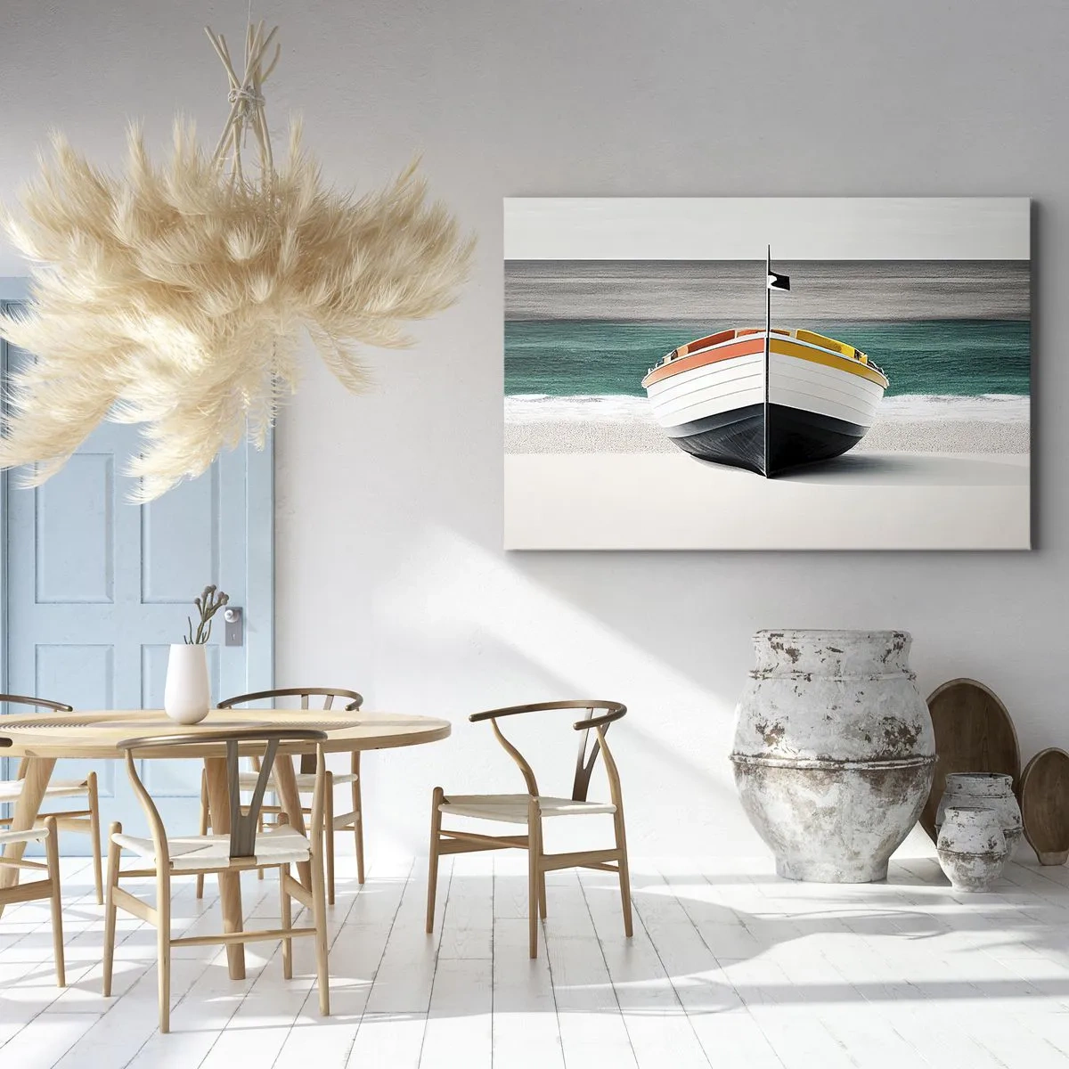 Impression sur toile - Image sur toile - Un bateau sur la plage avec une mer turquoise en arrière-plan - 120x80cm - A sa place - Décoration murale moderne pour le salon et la chambre ARTTOR