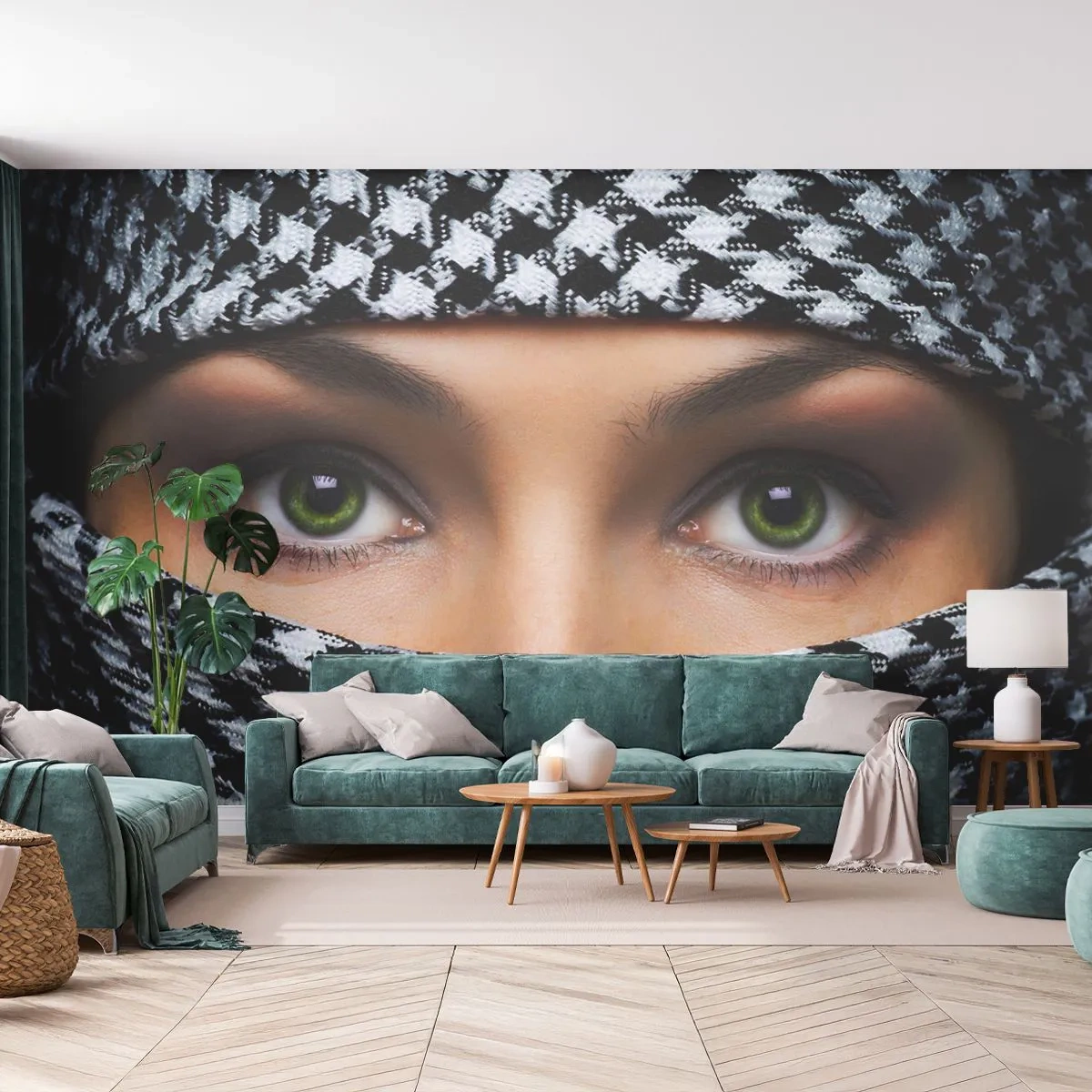 Papier Peint Autocollant Deluxe Sticker - Un portrait d'une beauté voilée aux yeux verts - Femme, Yeux, Culture - 100x70 cm