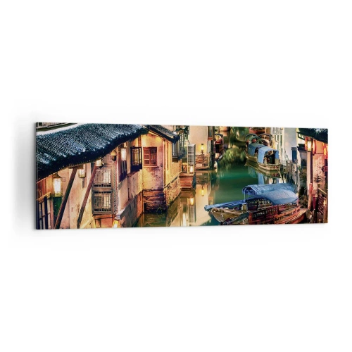 Impression sur toile - Image sur toile - Vue nocturne des canaux avec bateaux et maisons traditionnels - 160x50cm - Soirée dans une rue chinoise - Décoration murale moderne pour le salon et la chambre ARTTOR