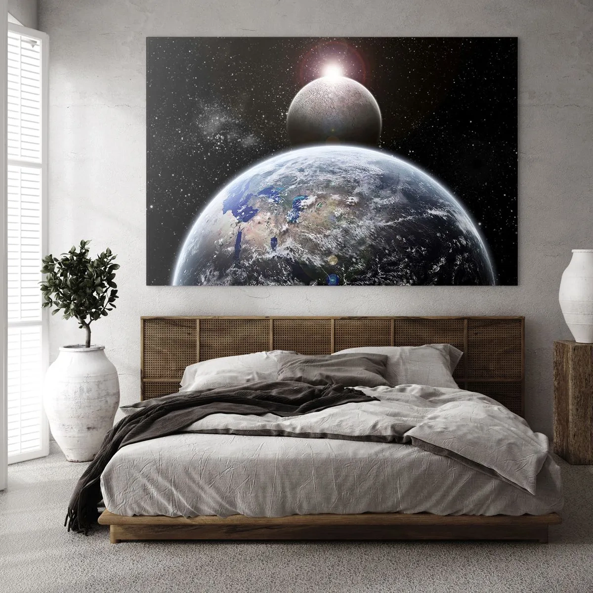 Impression sur verre - Image sur verre - La Terre et la Lune dans l'espace - 70x50cm - Paysage cosmique - lever de soleil - Décoration murale moderne pour le salon et la chambre ARTTOR