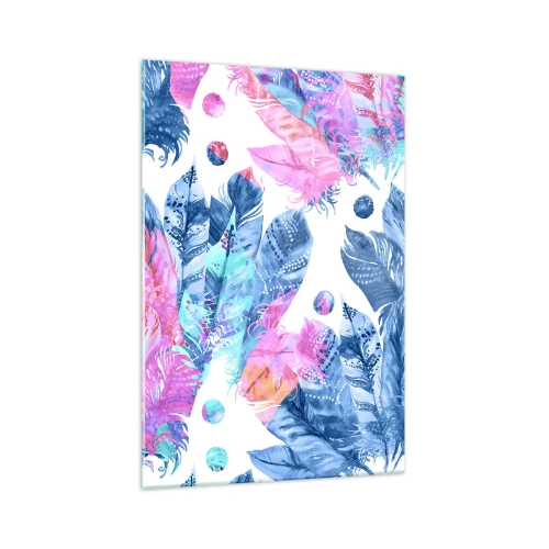 Impression sur verre - Image sur verre - Motif abstrait avec des plumes colorées dans des tons pastel - 70x100cm - Plumes en rose et bleu - Décoration murale moderne pour le salon et la chambre ARTTOR