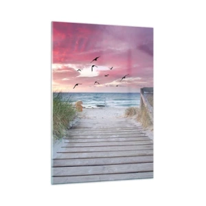 Impression sur verre - Image sur verre - Chemin vers la plage au coucher du soleil avec des oiseaux qui volent - 50x70cm - Impression de la Baltique - Décoration murale moderne pour le salon et la chambre ARTTOR