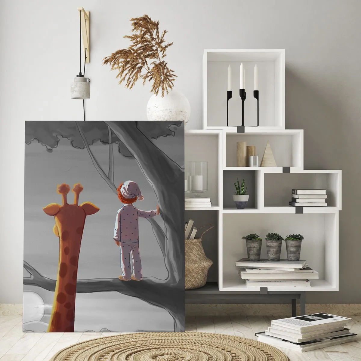 Impression sur verre - Image sur verre - Un enfant et une girafe sur une branche d'arbre dans un paysage de conte de fées - 70x100cm - Cela arrive vraiment - Décoration murale moderne pour le salon et la chambre ARTTOR