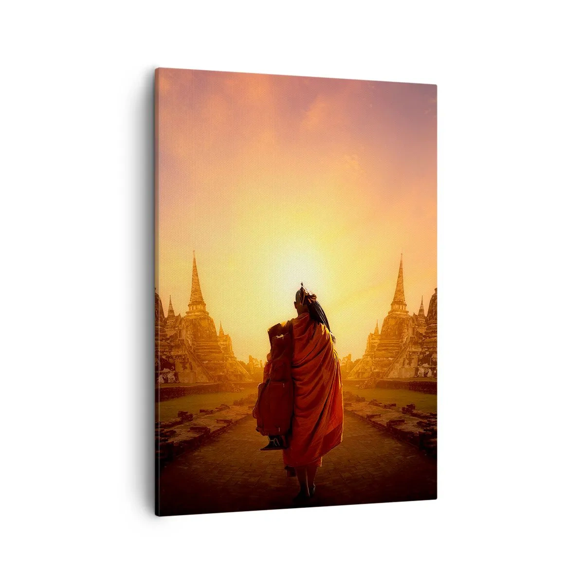 Impression sur toile - Image sur toile - Un moine parmi les temples au coucher du soleil - 50x70cm - En paix pour l'éternité - Décoration murale moderne pour le salon et la chambre ARTTOR