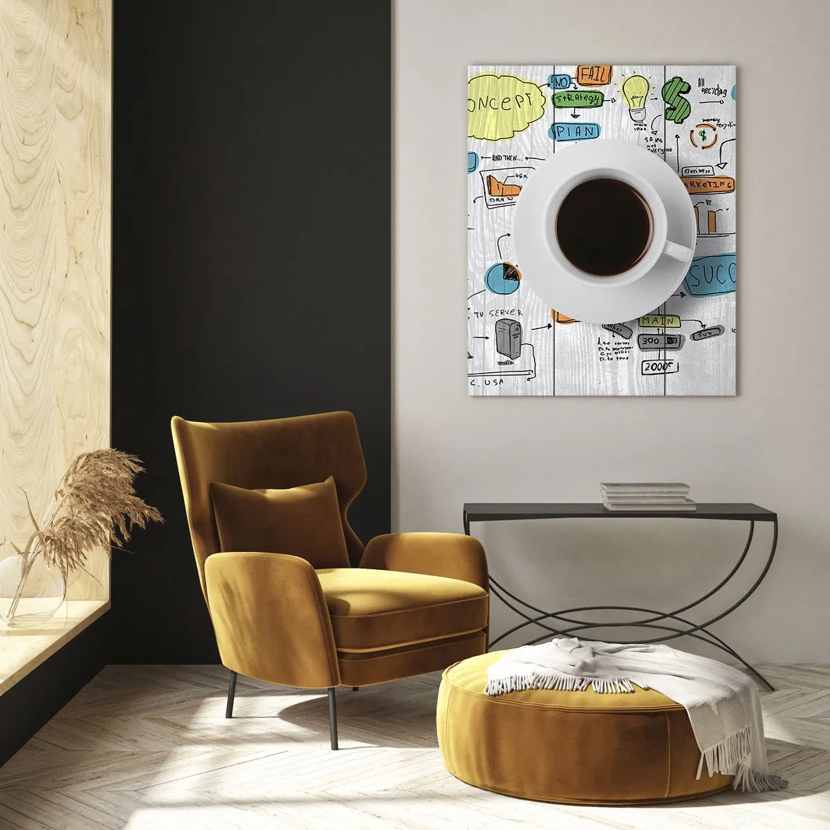 Impression sur verre - Image sur verre - Une tasse de café sur fond de dessin conceptuel - 80x120cm - Il est temps de faire une pause - Décoration murale moderne pour le salon et la chambre ARTTOR