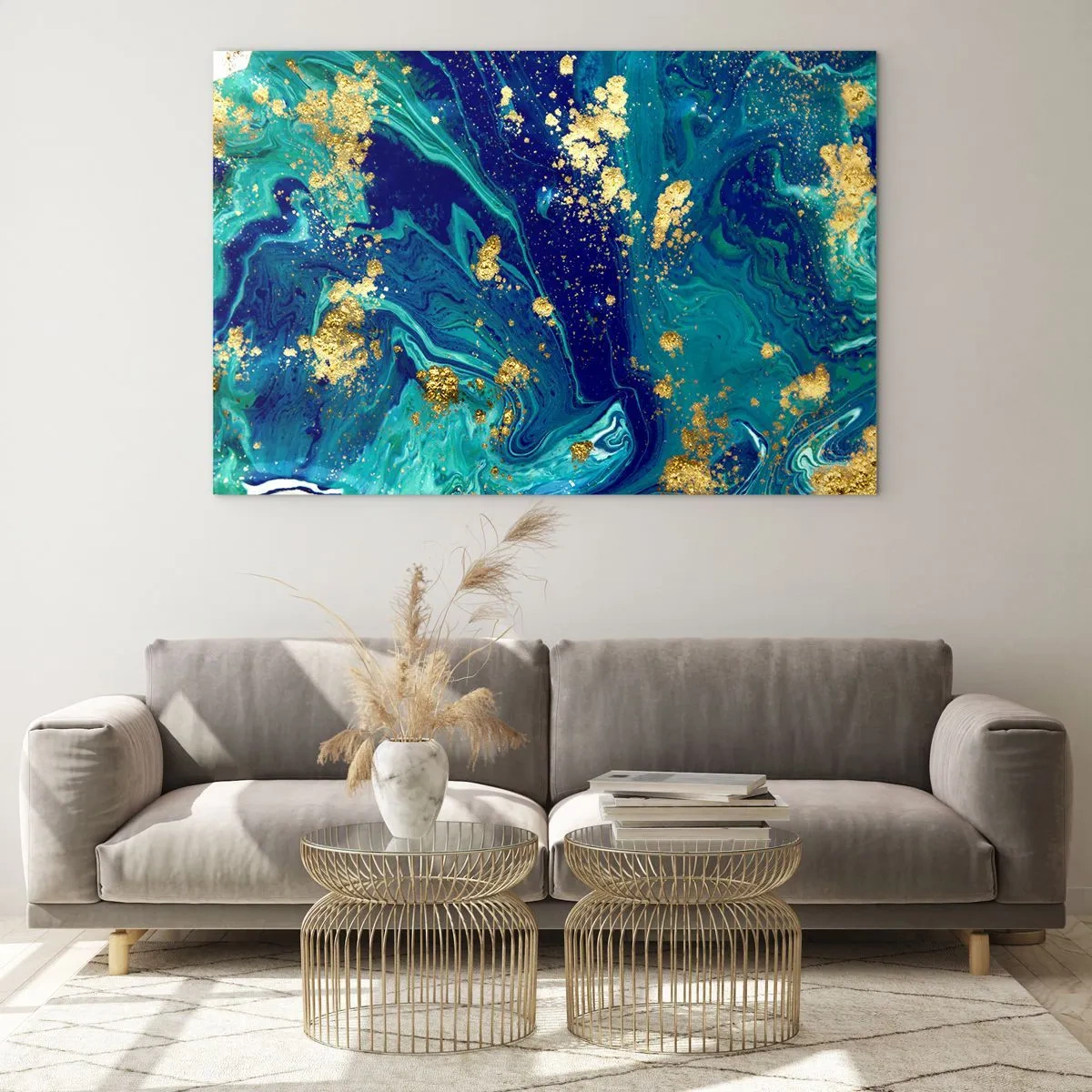 Impression sur verre - Image sur verre - Un motif abstrait dans des tons turquoise et bleu marine avec des accents dorés - 70x50cm - Les pétales du soleil - Décoration murale moderne pour le salon et la chambre ARTTOR