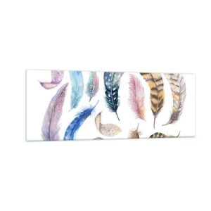Impression sur verre - Image sur verre - Plumes colorées dans un style aquarelle délicat - 140x50cm - Léger, bariolé et multicolore - Décoration murale moderne pour le salon et la chambre ARTTOR