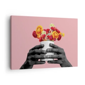 Impression sur toile - Image sur toile - Mains tenant un bouquet de fleurs colorées - 70x50cm - Apothéose de la vie - Décoration murale moderne pour le salon et la chambre ARTTOR