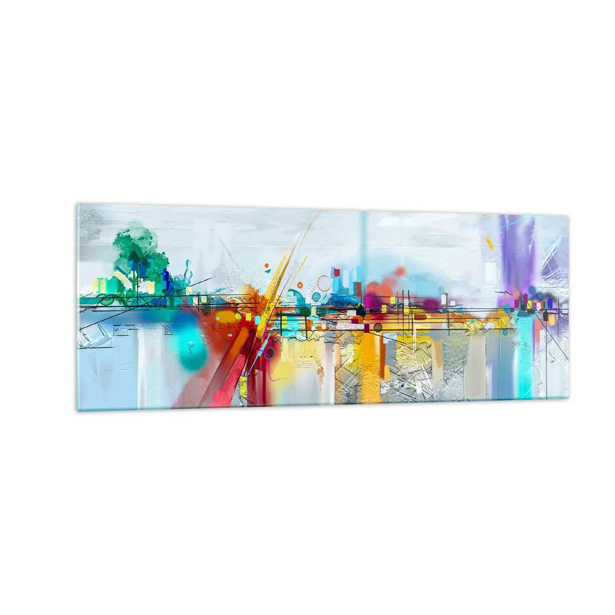 Impression sur verre - Image sur verre - Paysage abstrait aux accents colorés - 140x50cm - Pont de joie sur le fleuve de la vie - Décoration murale moderne pour le salon et la chambre ARTTOR