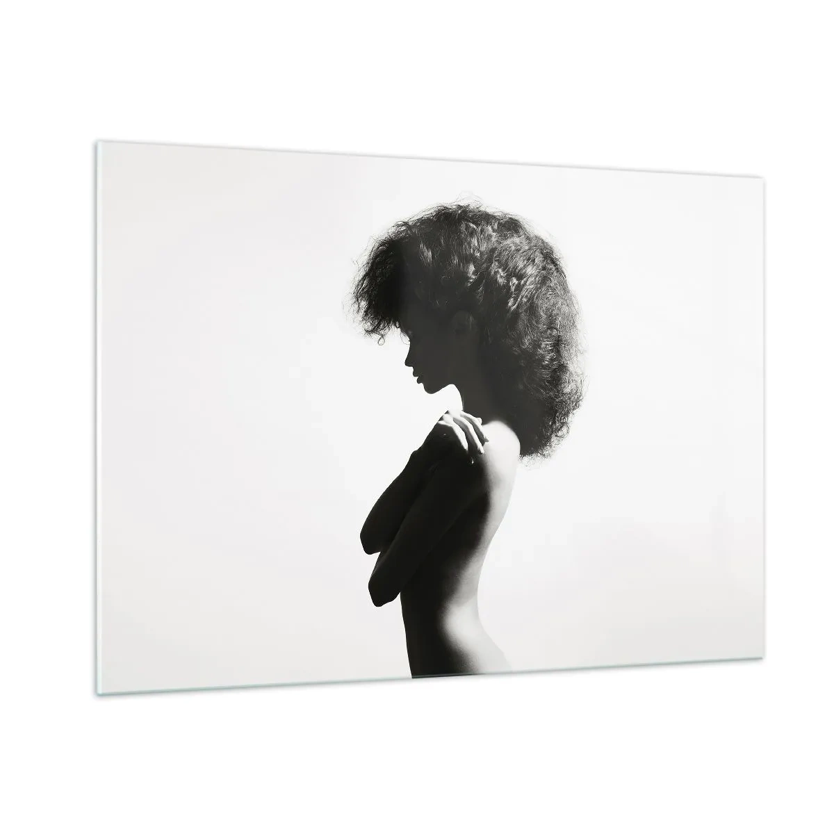 Impression sur verre - Image sur verre - Nu féminin dans une lumière contrastée en noir et blanc - 100x70cm - Comme une fleur au bout d'une fine tige - Décoration murale moderne pour le salon et la chambre ARTTOR