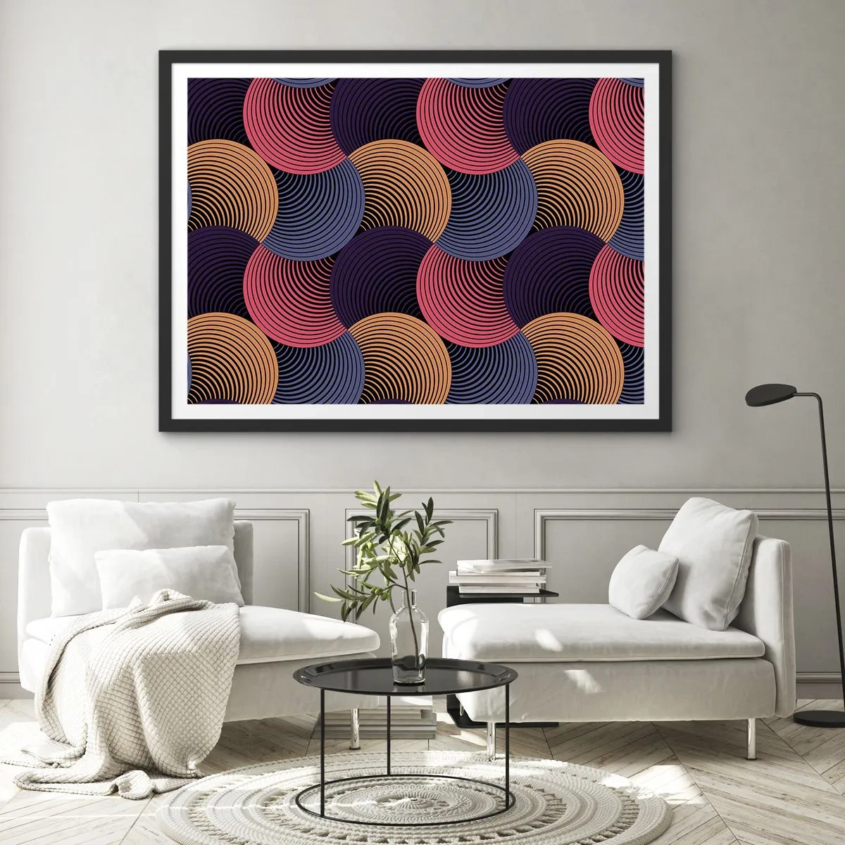 Affiche dans un cadre noir - Poster - Cercles géométriques dans des tons de rose, violet et or - 70x50cm - Dans un rythme circulaire - Décoration murale moderne pour le salon et la chambre ARTTOR