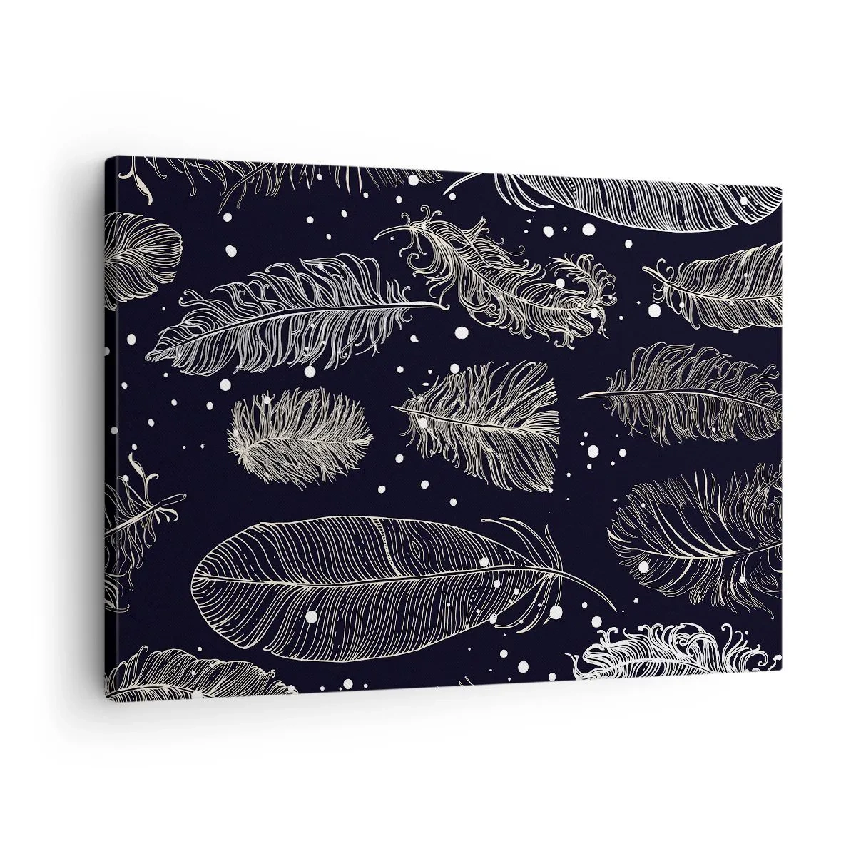 Impression sur toile - Image sur toile - Plumes blanches délicates sur fond bleu marine - 70x50cm - Toile de plumes - Décoration murale moderne pour le salon et la chambre ARTTOR