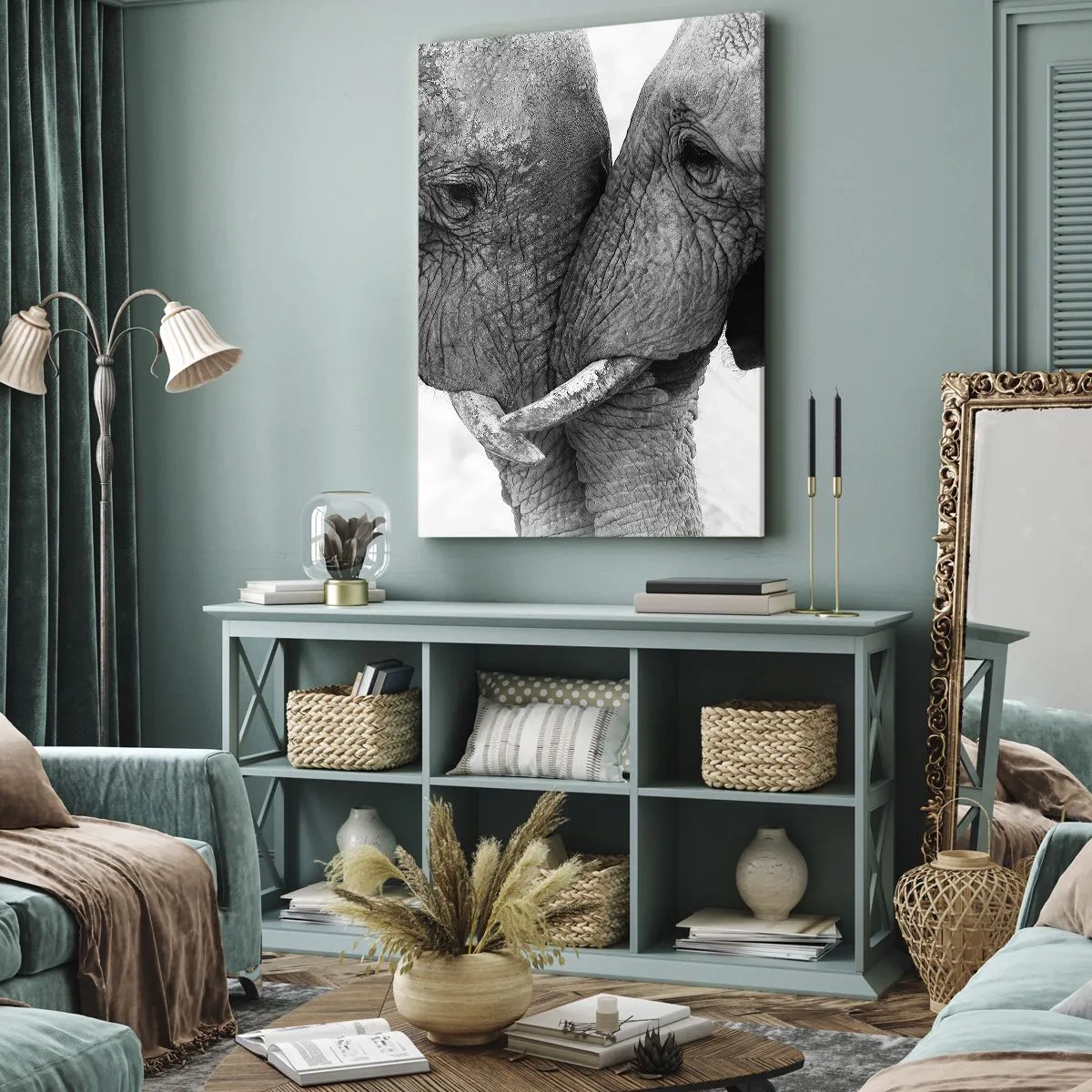 Impression sur toile - Image sur toile - Deux éléphants dans un geste tendre sur un fond monochrome - 50x70cm - Confession sincère - Décoration murale moderne pour le salon et la chambre ARTTOR