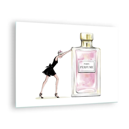 Impression sur verre - Image sur verre - Une femme en robe noire à côté d'un grand flacon de parfum - 70x50cm - L'essence des femmes - Décoration murale moderne pour le salon et la chambre ARTTOR