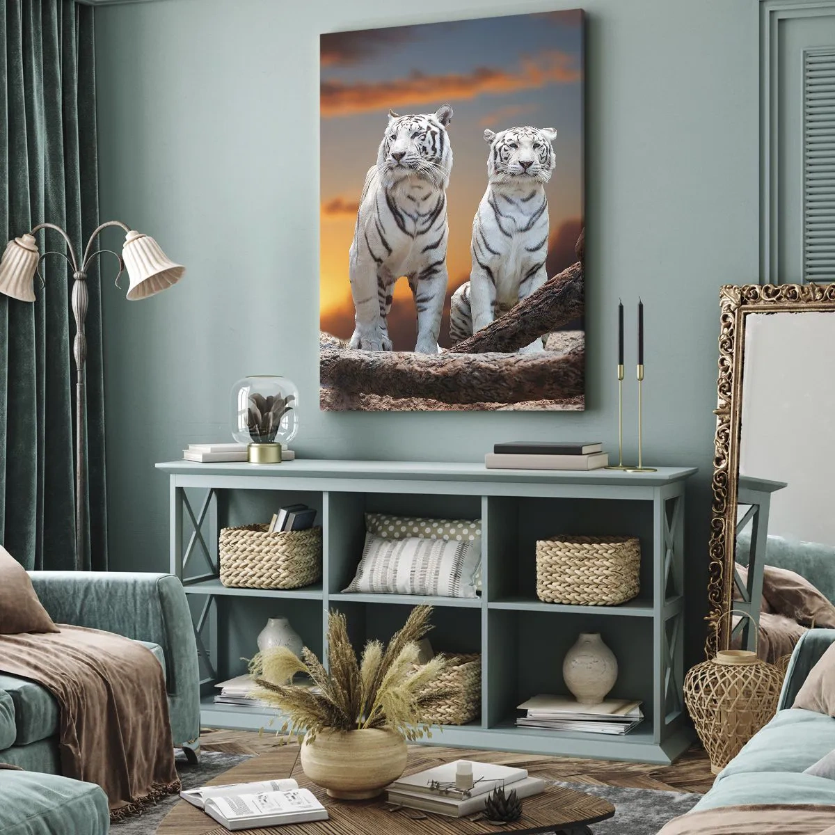 Impression sur toile - Image sur toile - Tigres blancs au soleil couchant sur fond de nature - 70x100cm - Tout comme à Narnia - Décoration murale moderne pour le salon et la chambre ARTTOR