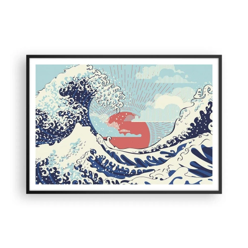 Affiche dans un cadre noir - Poster - Vagues de l'océan et coucher de soleil à la japonaise - 100x70cm - D'une inspiration japonnaise - Décoration murale moderne pour le salon et la chambre ARTTOR