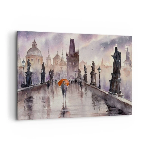 Impression sur toile - Image sur toile - Vue romantique d'un pont avec un parapluie sur fond de ville en soirée - 120x80cm - Les gens ne changent pas - Décoration murale moderne pour le salon et la chambre ARTTOR