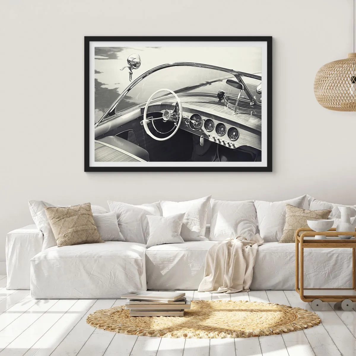 Affiche dans un cadre noir - Poster - Intérieur de voiture classique de style monochrome - 70x50cm - Temps pour riche - Décoration murale moderne pour le salon et la chambre ARTTOR