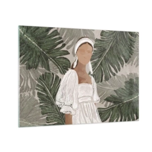 Impression sur verre - Image sur verre - Une femme en robe blanche sur fond de feuilles tropicales vertes. - 70x50cm - Portrait exotique - Décoration murale moderne pour le salon et la chambre ARTTOR