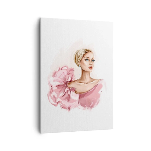 Impression sur toile - Image sur toile - Portrait d'une femme en robe rose sur fond clair - 50x70cm - Comme peinte... - Décoration murale moderne pour le salon et la chambre ARTTOR