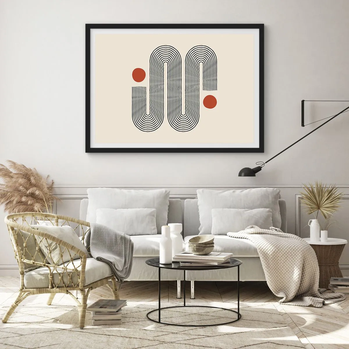 Affiche dans un cadre noir - Poster - Motif géométrique avec des lignes et des cercles orange - 70x50cm - Du début à la fin - Décoration murale moderne pour le salon et la chambre ARTTOR