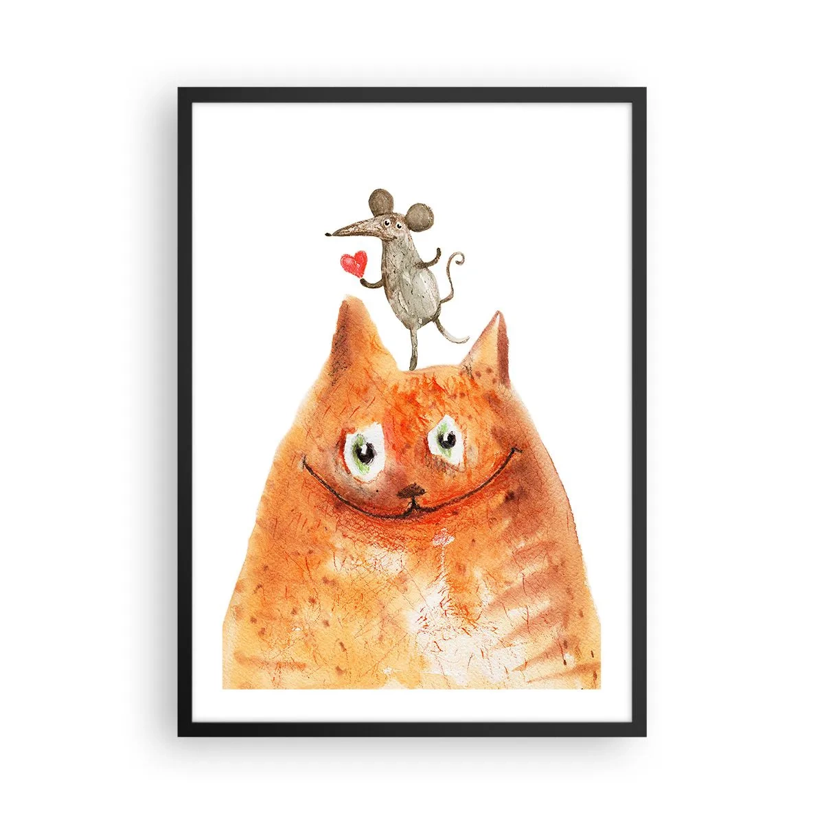 Affiche dans un cadre noir - Poster - Un chat avec une souris tenant un cœur sur sa tête - 50x70cm - Amour paradoxal - Décoration murale moderne pour le salon et la chambre ARTTOR
