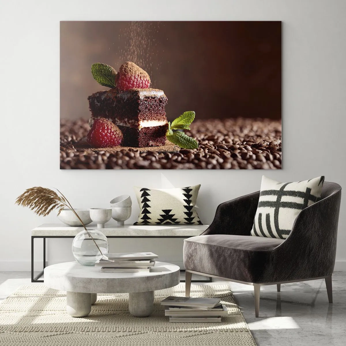 Impression sur verre - Image sur verre - Dessert au chocolat aux framboises et aux feuilles de menthe - 100x70cm - La vie est douce - Décoration murale moderne pour le salon et la chambre ARTTOR