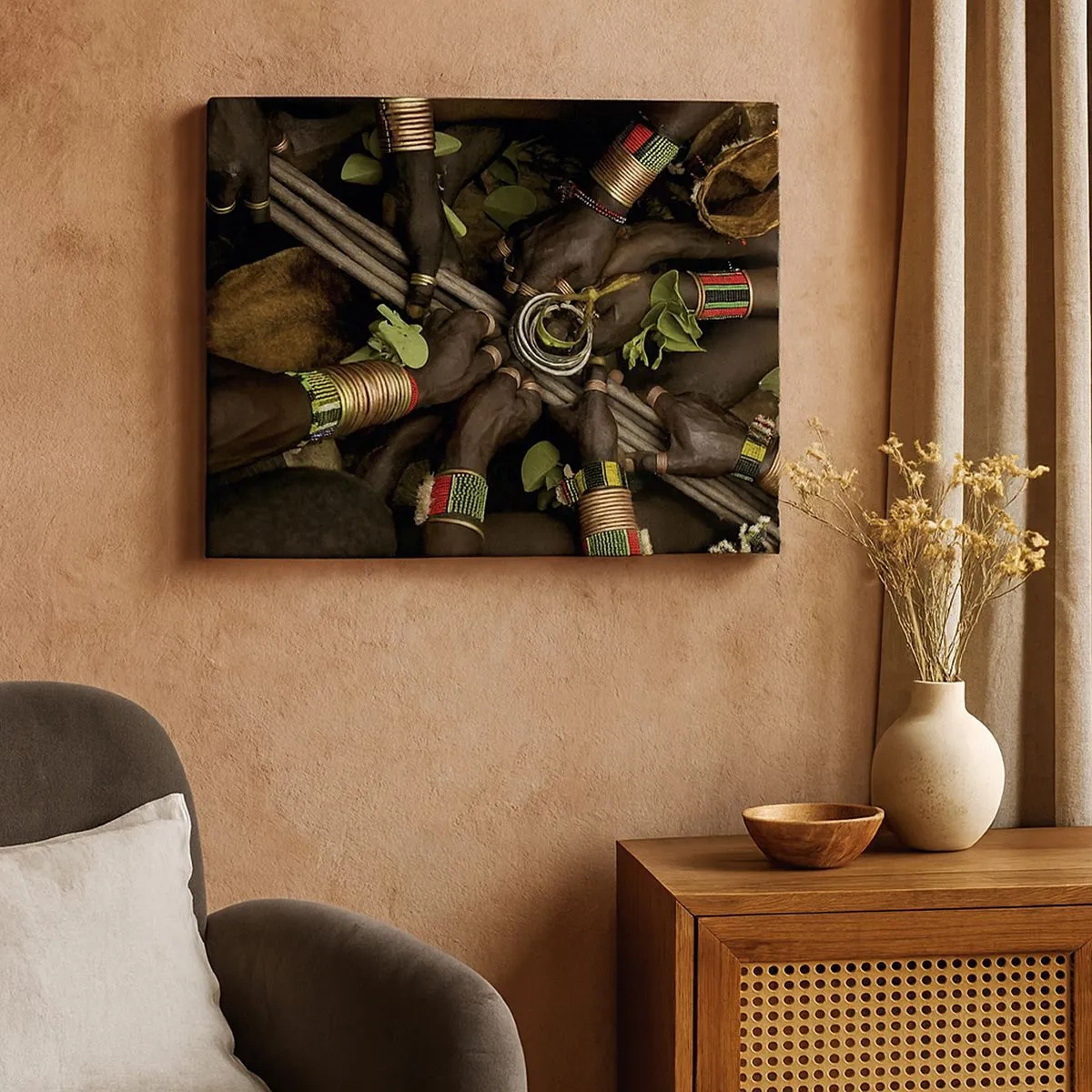 Impression sur toile - Image sur toile - Bracelets de main traditionnels dans un groupe de mains - 70x50cm - Nous sommes ensemble - Décoration murale moderne pour le salon et la chambre ARTTOR