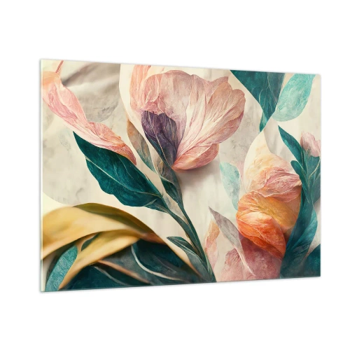 Impression sur verre - Image sur verre - Fleurs et feuilles exotiques aux couleurs pastel dans un style botanique - 100x70cm - Fleurs des îles du sud - Décoration murale moderne pour le salon et la chambre ARTTOR