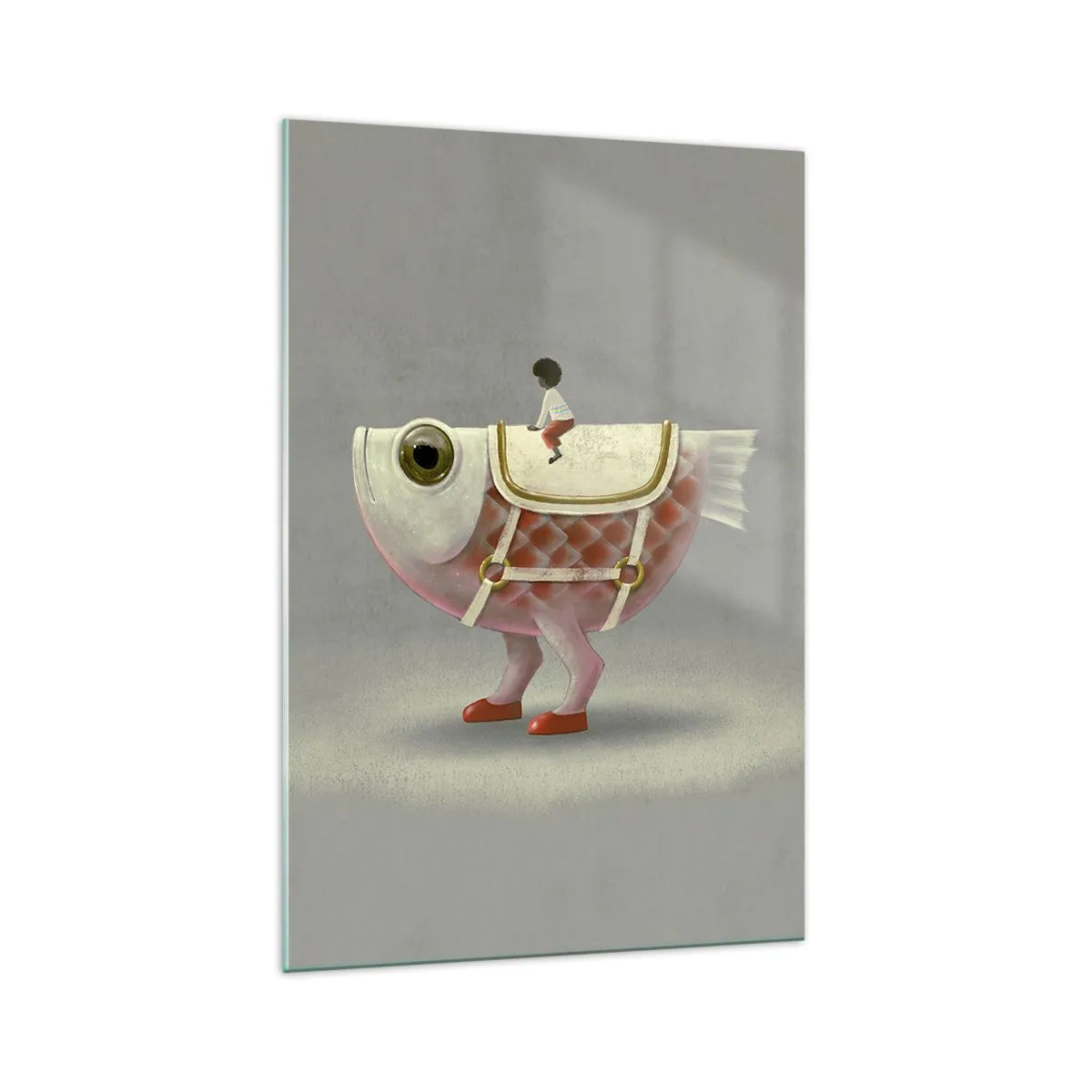 Impression sur verre - Image sur verre - Un cavalier de poisson fantaisie avec des jambes et une selle - 70x100cm - Le cavalier poisson - Décoration murale moderne pour le salon et la chambre ARTTOR
