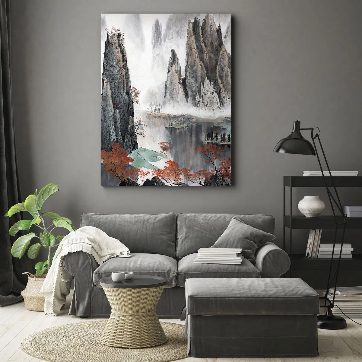 Impression sur toile - Image sur toile - Rochers et arbres pittoresques dans le paysage brumeux de la Chine - 80x120cm - De puissants gardiens - Décoration murale moderne pour le salon et la chambre ARTTOR