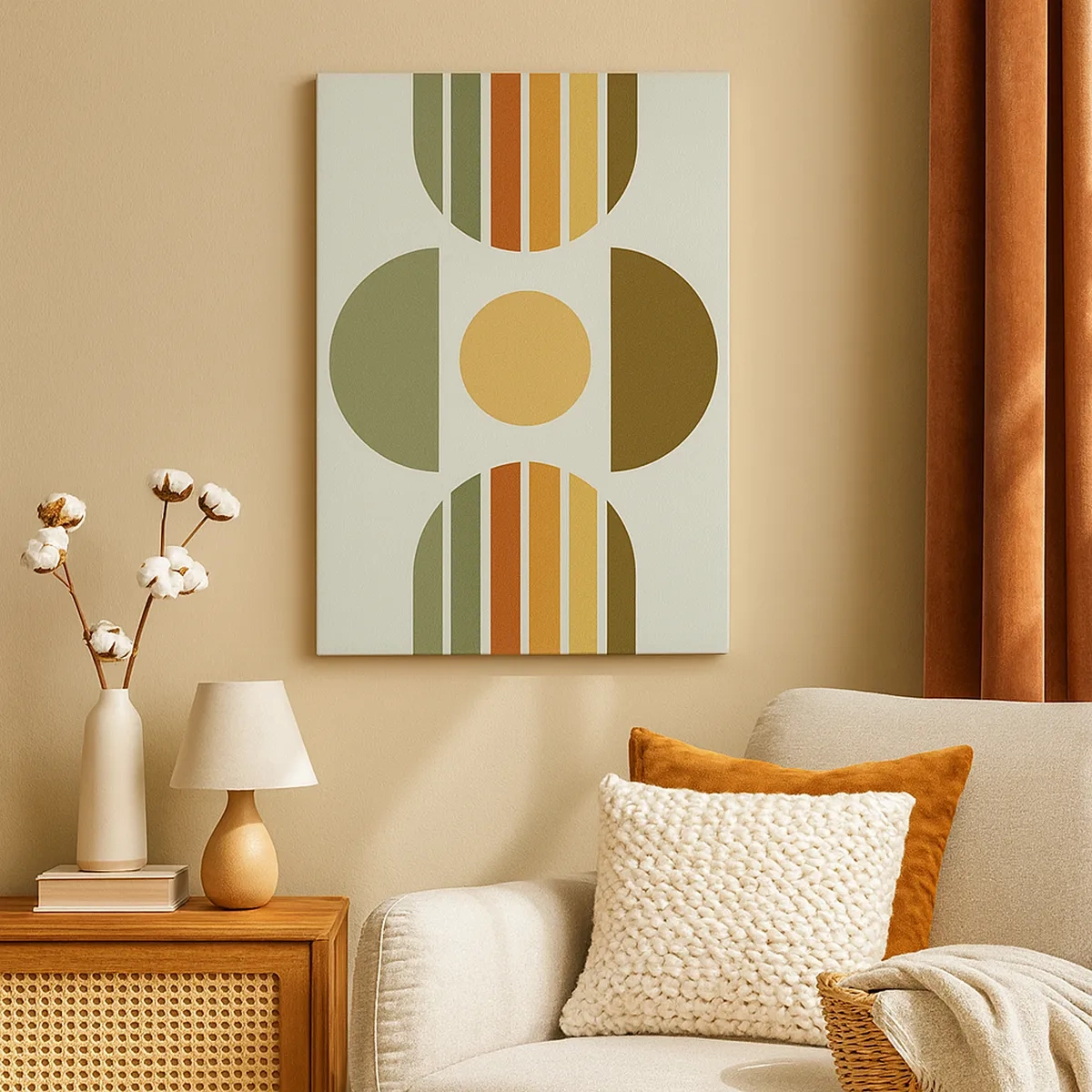 Impression sur toile - Image sur toile - Composition géométrique avec des demi-cercles et des rayures dans des tons terreux - 50x70cm - Dans les coulaurs de la terre - Décoration murale moderne pour le salon et la chambre ARTTOR