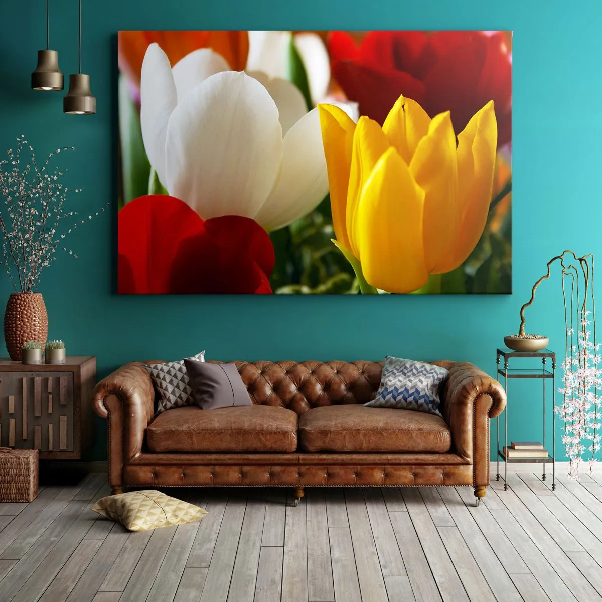Impression sur toile - Image sur toile - Gros plan de tulipes colorées sur un fond printanier - 120x80cm - La fièvre des tulipes - Décoration murale moderne pour le salon et la chambre ARTTOR