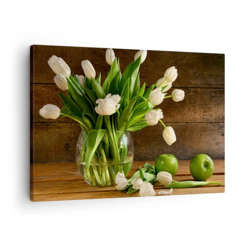 Impression sur toile - Image sur toile - Un bouquet de tulipes blanches dans un vase en verre avec des pommes vertes - 70x50cm - Juteux et frais en vert et blanc - Décoration murale moderne pour le salon et la chambre ARTTOR