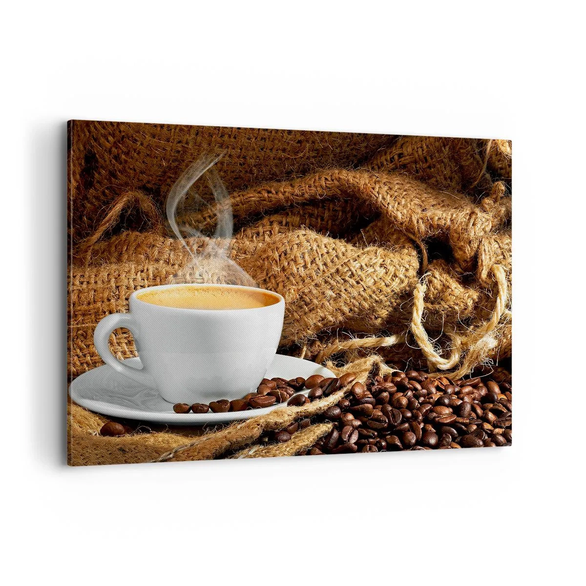 Impression sur toile - Image sur toile - Une tasse de café entourée d'un sac de grains de café - 100x70cm - L'odeur du moka et la densité du miel liquide - Décoration murale moderne pour le salon et la chambre ARTTOR