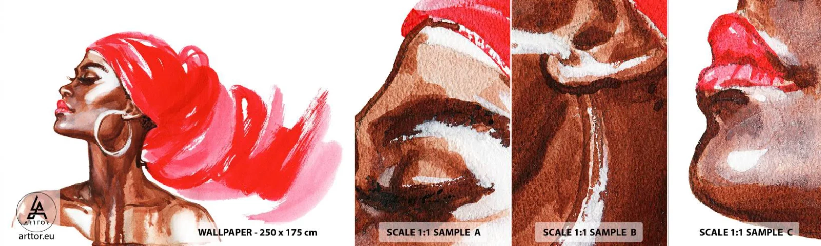 Échantillon De Papier Peint Standard Eco - "Les cheveux dans le vent" - Portrait d'une femme, Visage de femme, Abstraction - 100x30 cm