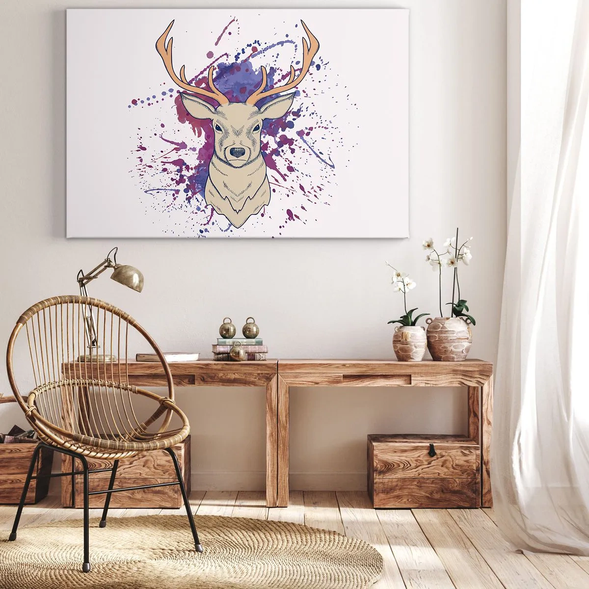 Impression sur toile - Image sur toile - Portrait d'un cerf avec des taches abstraites en arrière-plan - 120x80cm - Courage et équilibre - Décoration murale moderne pour le salon et la chambre ARTTOR