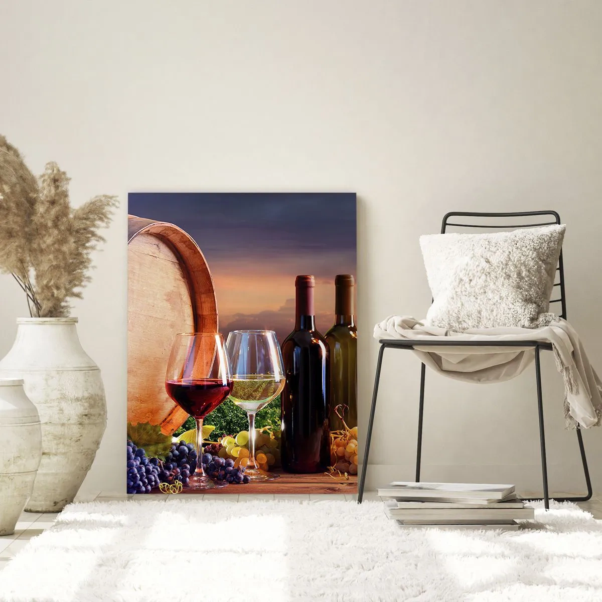 Impression sur verre - Image sur verre - Des vignes, un tonneau et des verres sur fond de soleil couchant - 50x70cm - Ici la vie a du goût - Décoration murale moderne pour le salon et la chambre ARTTOR