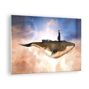 Impression sur verre - Image sur verre - Une baleine fantastique flottant dans les nuages avec une femme sur le dos. - 70x50cm - Voyage irréel - Décoration murale moderne pour le salon et la chambre ARTTOR